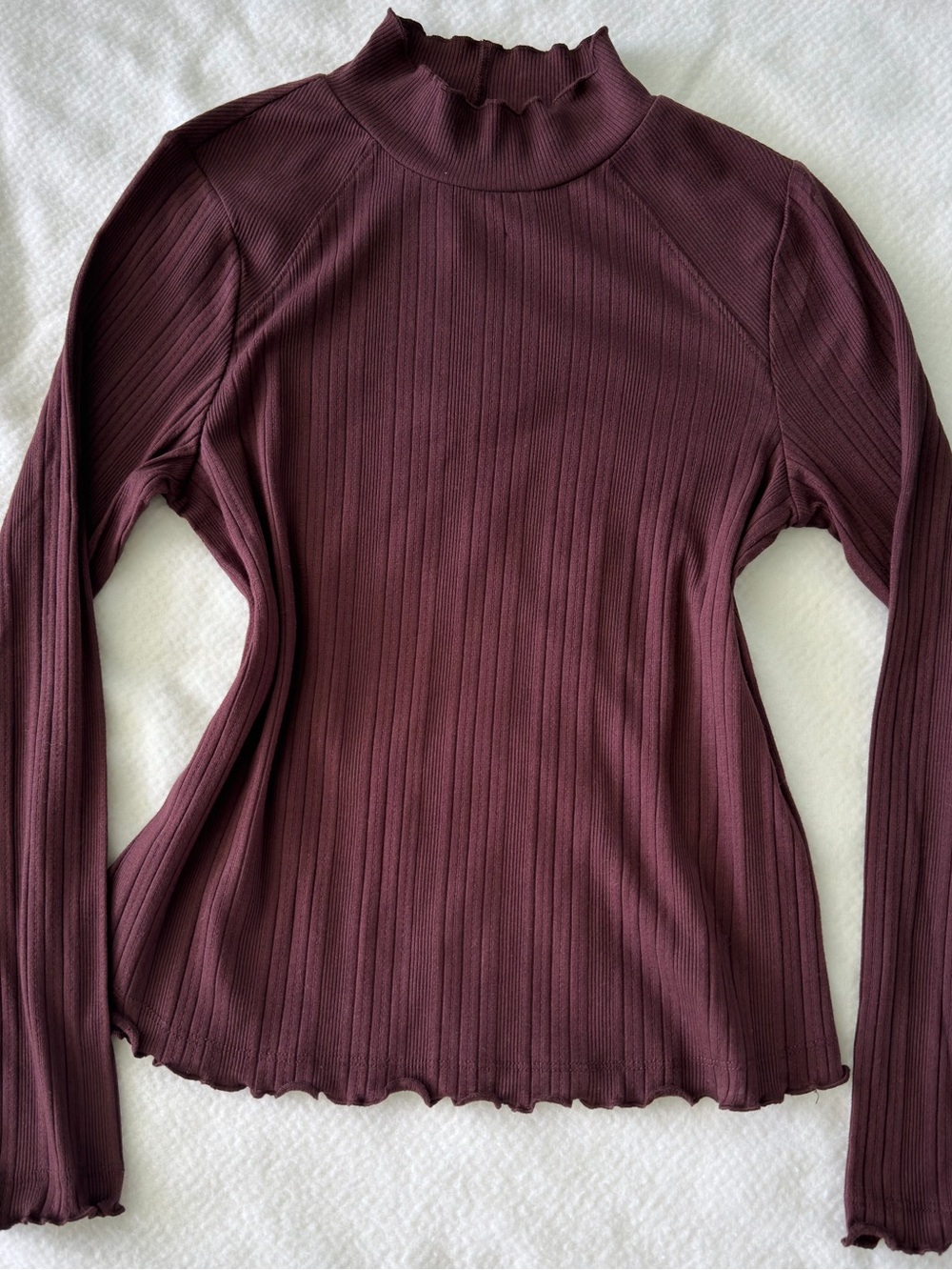 Democracy Ribbed Mock-Ruffle Long Sleeve Top - Plum/Burgundy